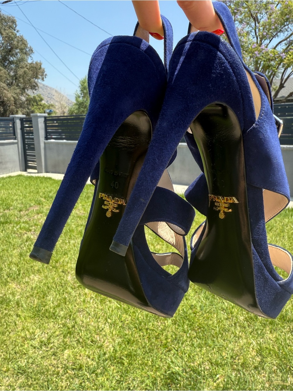 Prada Navy Suede Crisscross Slingback High Heels - Picture 4 of 5